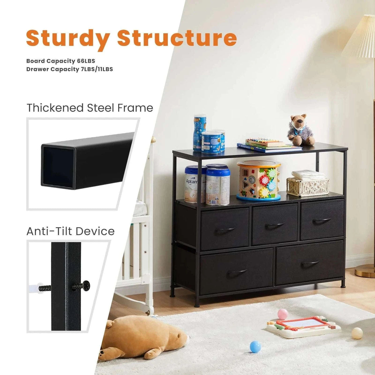 5 Drawer Shoe Cabinet TV Stand Storage Organizer with Fabric Bins-WHITE / United States