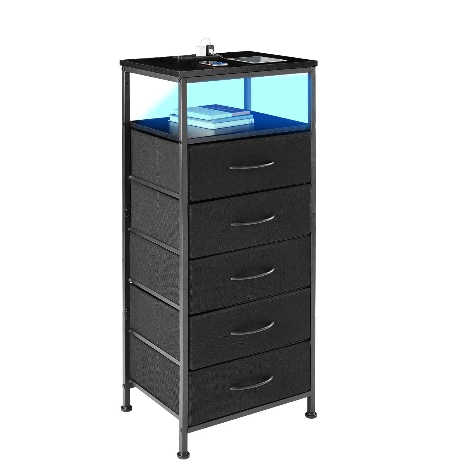 5 Drawer Storage Cabinet with Charging Station & LED Light Strip-RUST / United States