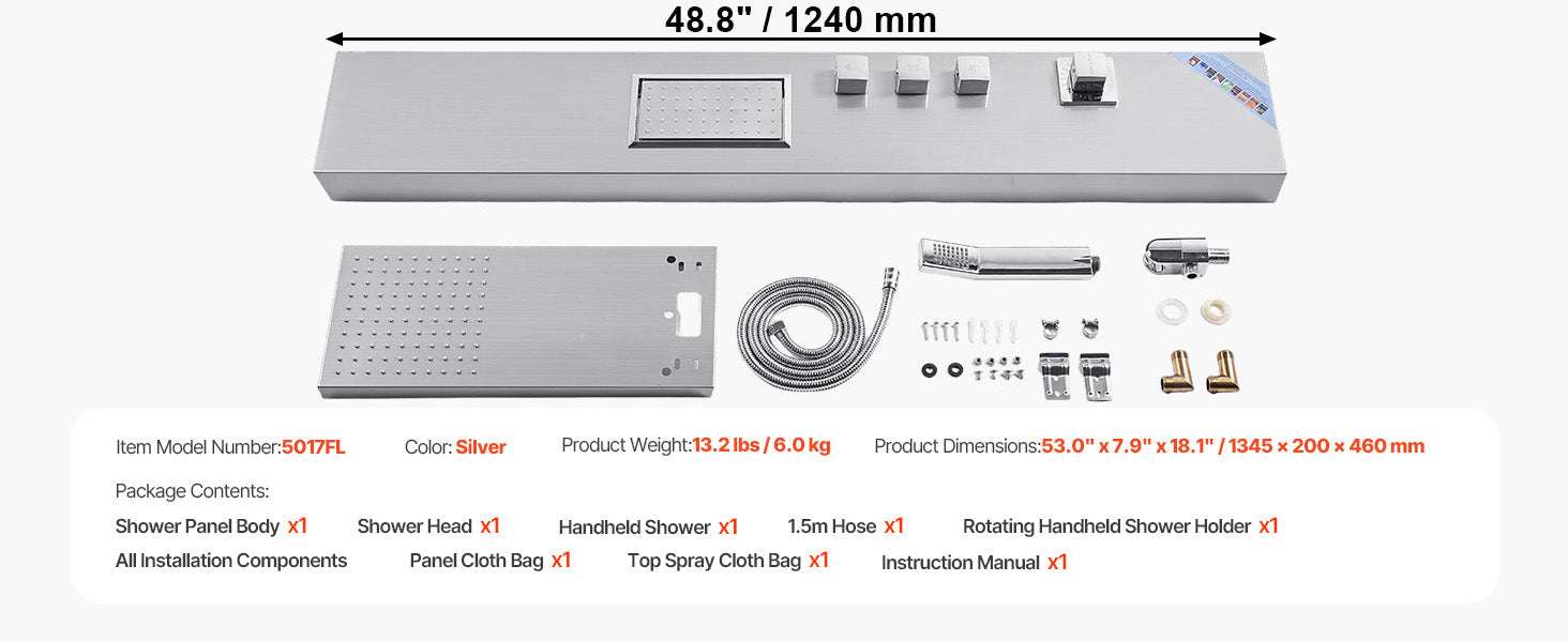 5 Function LED Shower Panel Tower with Waterfall Head Stainless Steel-5Outlet / United States