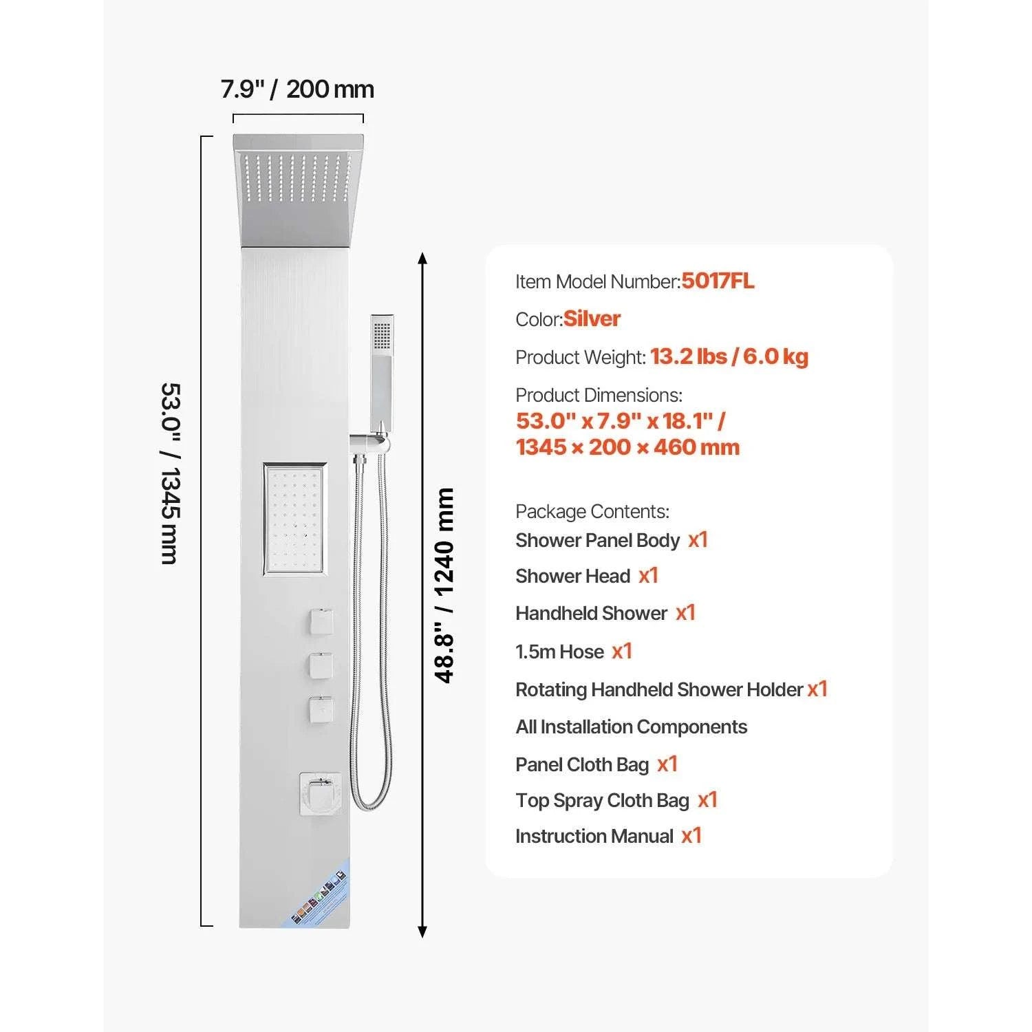5 Function LED Shower Panel Tower with Waterfall Head Stainless Steel-5Outlet / United States