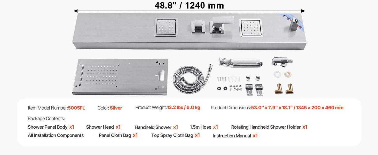 5 Function LED Shower Panel Tower with Waterfall Head Stainless Steel-5Outlet / United States