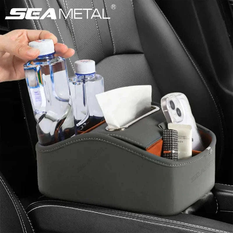 5 in 1 Car Center Console Armrest Storage Box with Tissue Holder and Cup Holder-Black 1pc