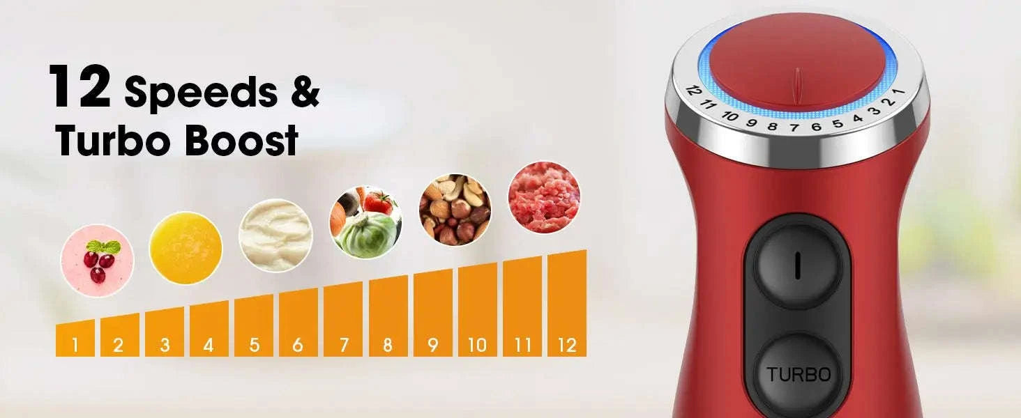 5-in-1 Hand Immersion Blender, 1000W 12 Speed Handheld Blender, Copper Motor Stainless Steel Blade Stick Blender,600ml Mixing Beaker,500ml Food Processor, Whisk, Milk Frother, BPA-Free, Red-Red / United States