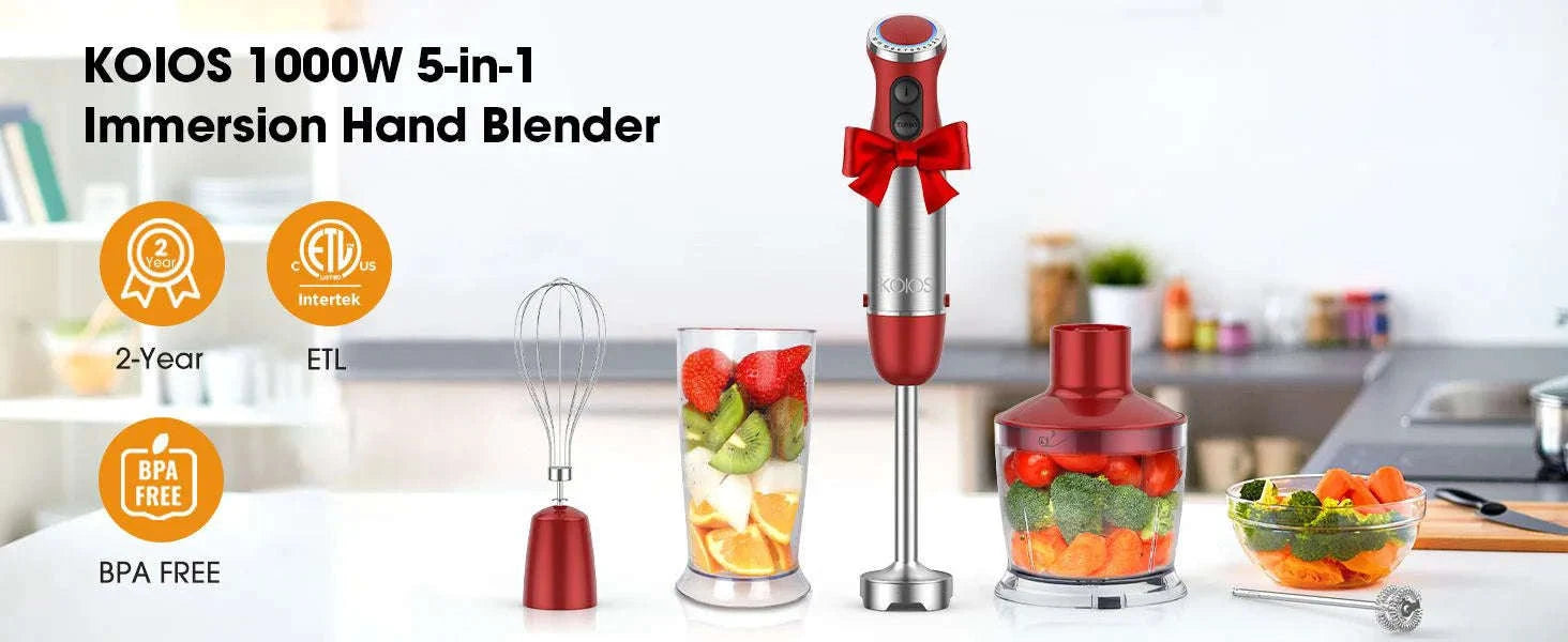 5-in-1 Hand Immersion Blender, 1000W 12 Speed Handheld Blender, Copper Motor Stainless Steel Blade Stick Blender,600ml Mixing Beaker,500ml Food Processor, Whisk, Milk Frother, BPA-Free, Red-Red / United States