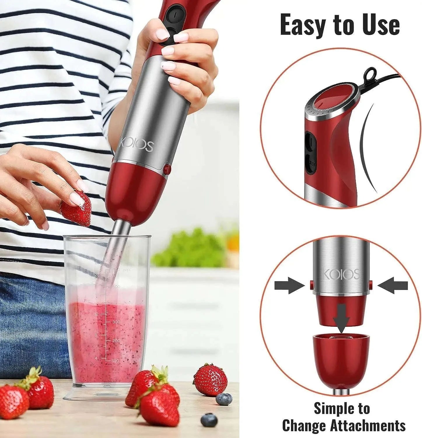 5-in-1 Hand Immersion Blender, 1000W 12 Speed Handheld Blender, Copper Motor Stainless Steel Blade Stick Blender,600ml Mixing Beaker,500ml Food Processor, Whisk, Milk Frother, BPA-Free, Red-Red / United States