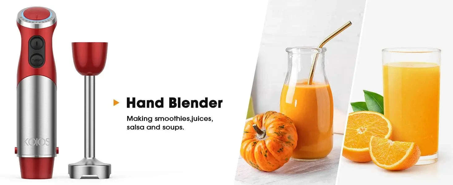 5-in-1 Hand Immersion Blender, 1000W 12 Speed Handheld Blender, Copper Motor Stainless Steel Blade Stick Blender,600ml Mixing Beaker,500ml Food Processor, Whisk, Milk Frother, BPA-Free, Red-Red / United States