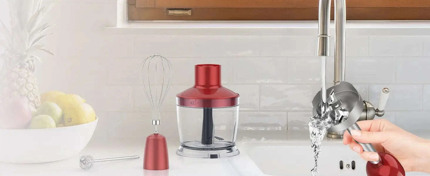 5-in-1 Hand Immersion Blender, 1000W 12 Speed Handheld Blender, Copper Motor Stainless Steel Blade Stick Blender,600ml Mixing Beaker,500ml Food Processor, Whisk, Milk Frother, BPA-Free, Red-Red / United States