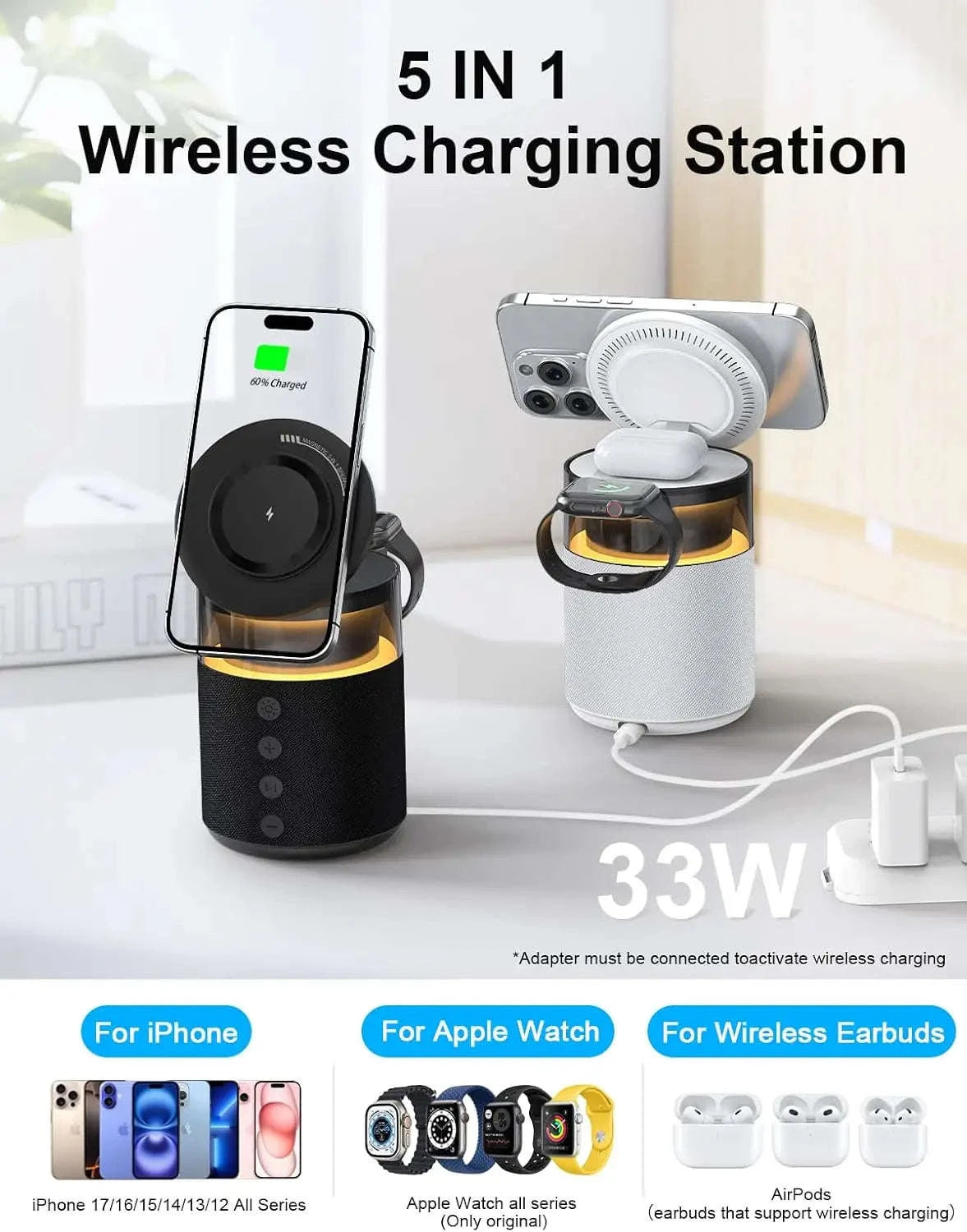 5‑in‑1 Magnetic Wireless Charging Station with Bluetooth Speaker and Night Light-black
