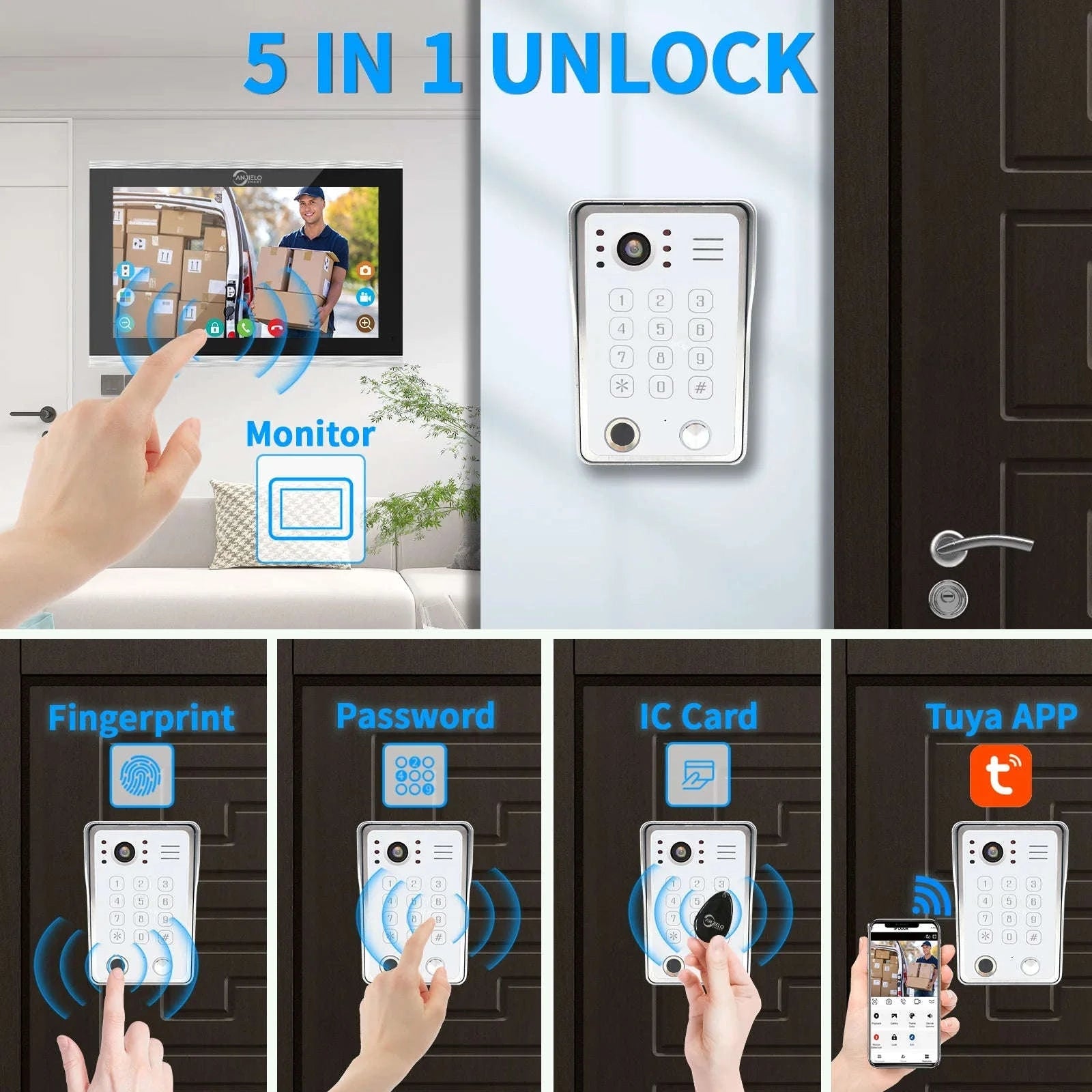 5‑in‑1 Smart Fingerprint Doorbell Video Intercom System-W1D-1M7inchW-32G