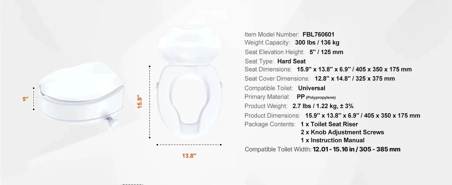 5 Inch Raised Toilet Seat with Locking System, 300 lb Capacity-4inch / United States