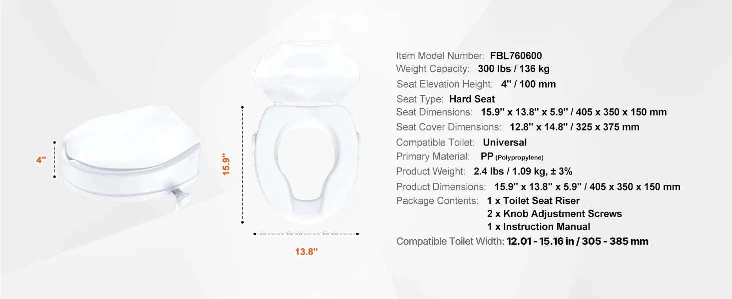 5 Inch Raised Toilet Seat with Locking System, 300 lb Capacity-4inch / United States
