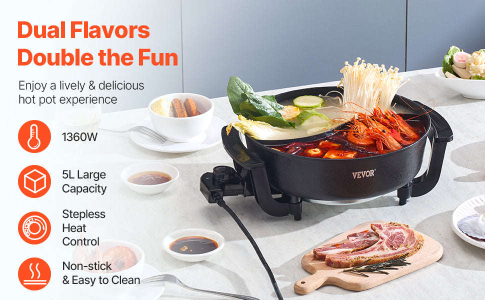 5 L Dual-Flavor Electric Hot Pot with Divider and Glass Lid-5L / United States