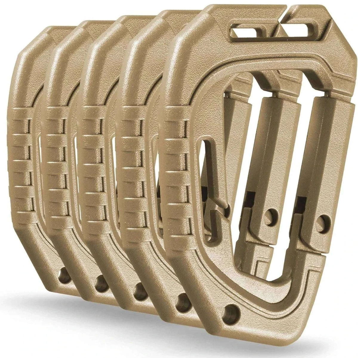 5-Pack Tactical Plastic Carabiner Clips for Molle Gear and Backpacks-Khaki