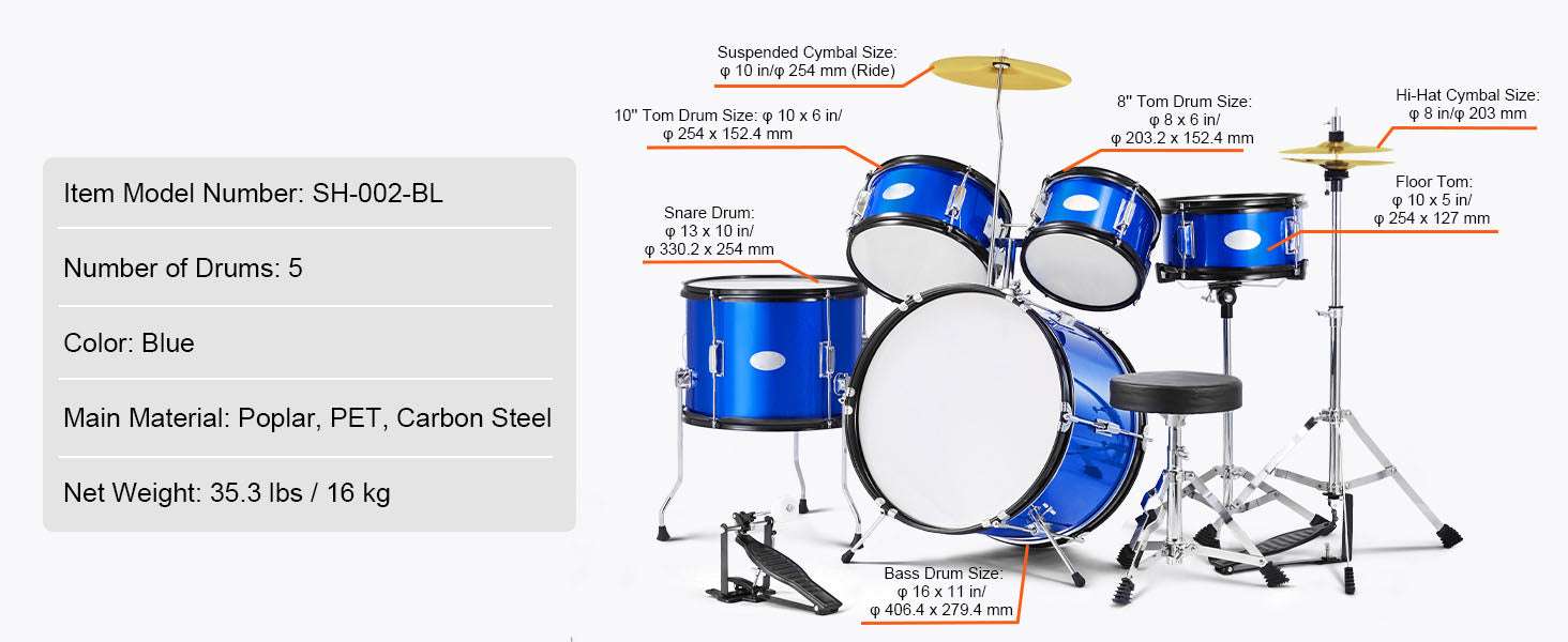5-Piece Kids Drum Set 16'' Beginner Kit with Bass, Snare & Toms-Black / United States