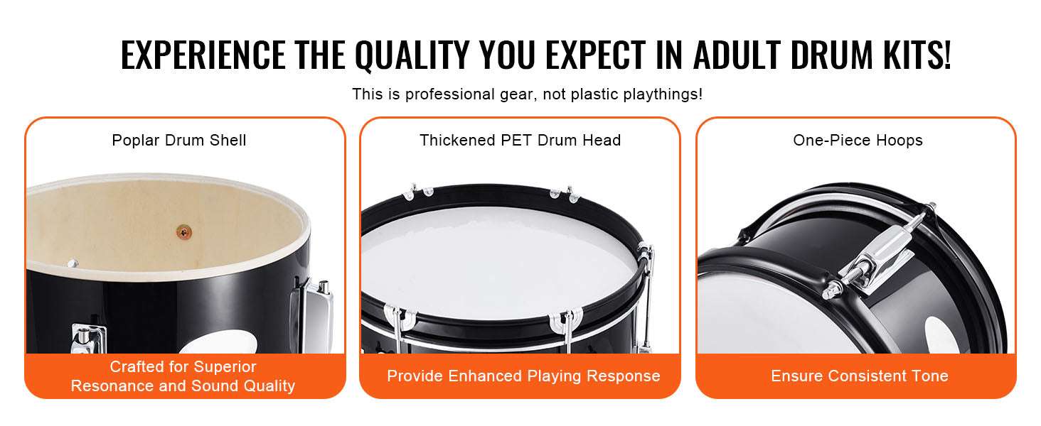 5-Piece Kids Drum Set 16'' Beginner Kit with Bass, Snare & Toms-Black / United States