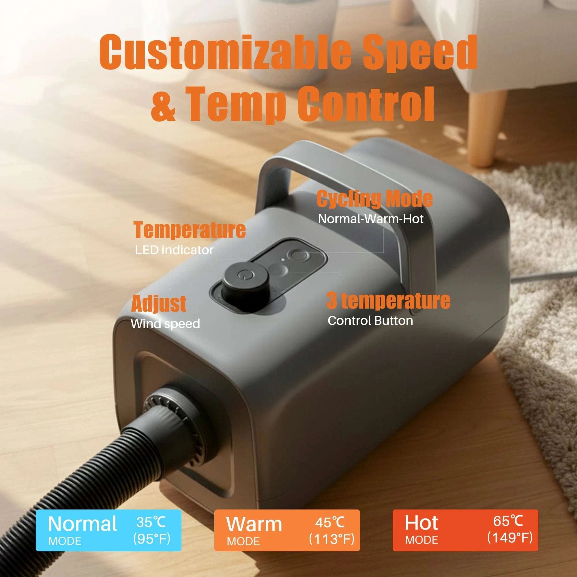 5-Piece Pet Grooming Blow Dryer Vacuum Kit with 4 Nozzles-Gray / United States