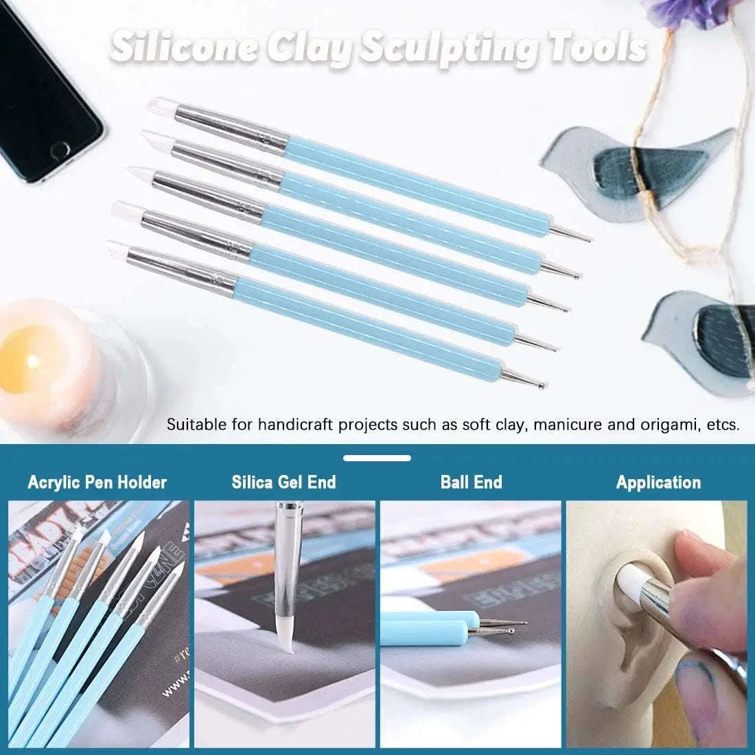 5-Piece Silicone Clay Sculpting Tools Set for Fine Detail Modeling-United States / 5Pcs