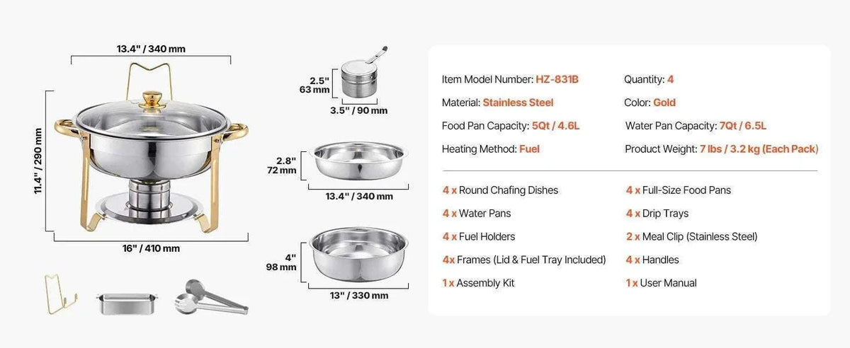 5 Qt Stainless Steel Chafing Dish Set (4 Pack) Buffet Food Warmers-2 pack silver / GERMANY