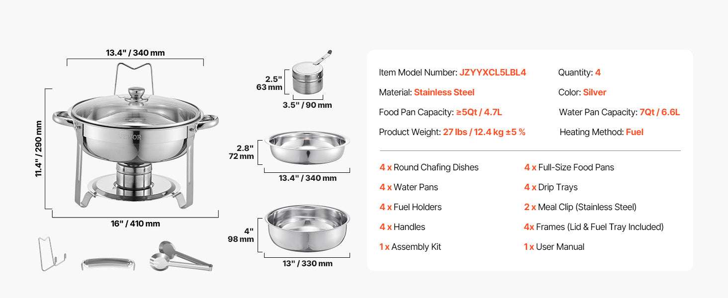 5 Qt Stainless Steel Chafing Dish Set (4 Pack) Buffet Food Warmers-2 pack silver / GERMANY