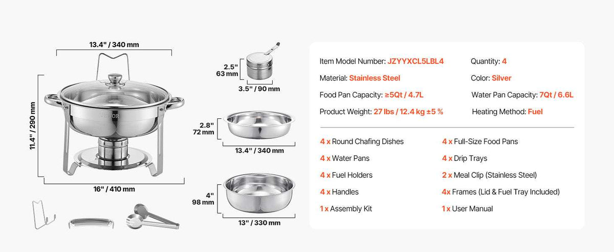 5 Qt Stainless Steel Chafing Dish Set (4 Pack) Buffet Food Warmers-2 pack silver / GERMANY