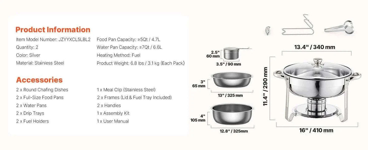 5 Qt Stainless Steel Chafing Dish Set (4 Pack) Buffet Food Warmers-2 pack silver / GERMANY