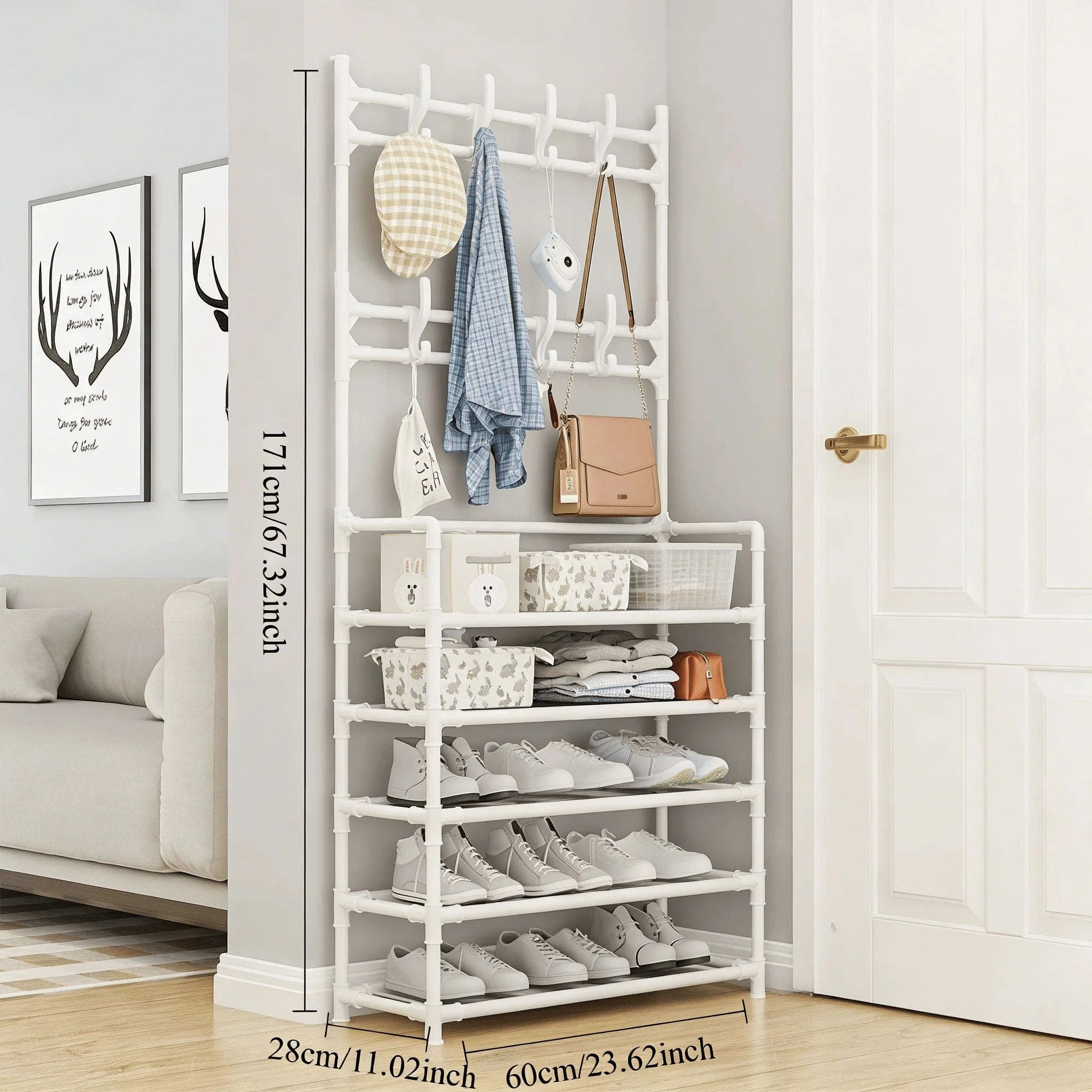 5-Tier Entryway Storage Rack with Coat Hooks & Double Shoe Shelves-WHITE / United States