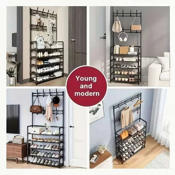 5-Tier Entryway Storage Rack with Coat Hooks & Double Shoe Shelves-WHITE / United States