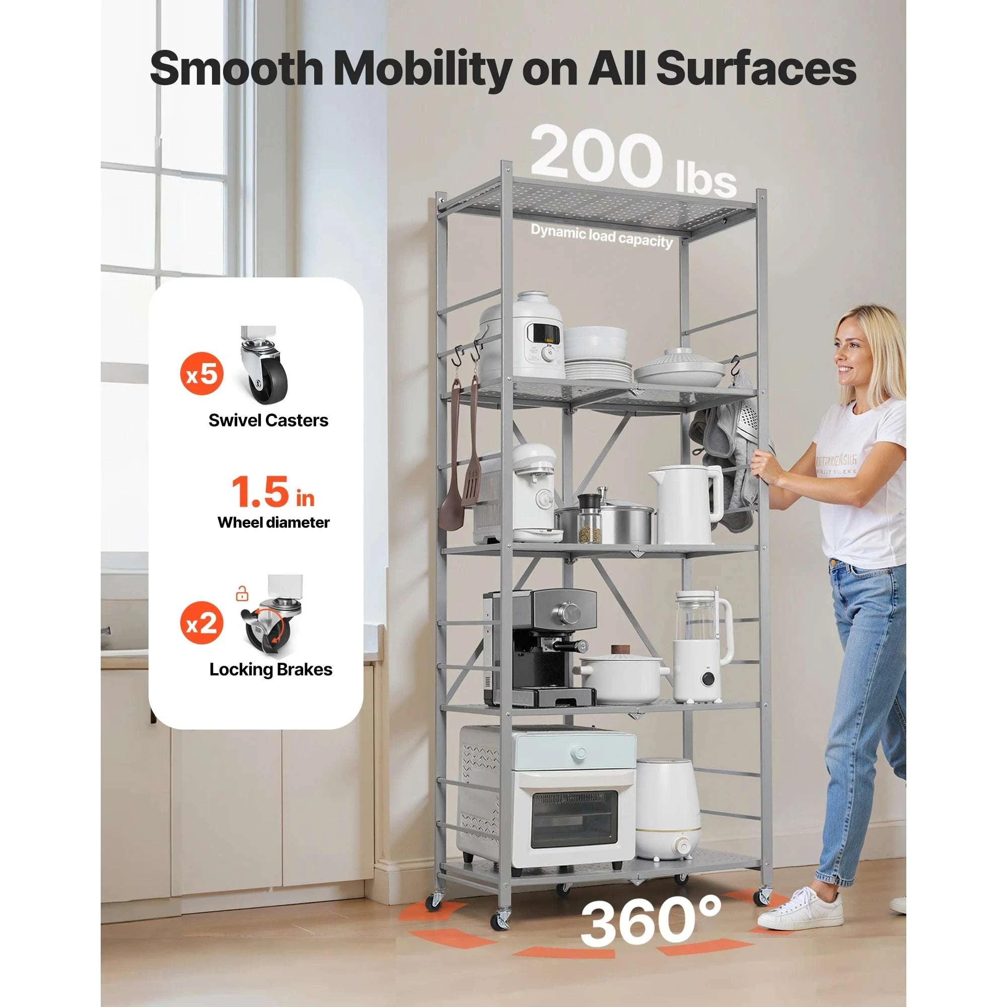5-Tier Foldable Storage Shelf with Wheels Heavy Duty Rack 32x14x72-Grey / United States