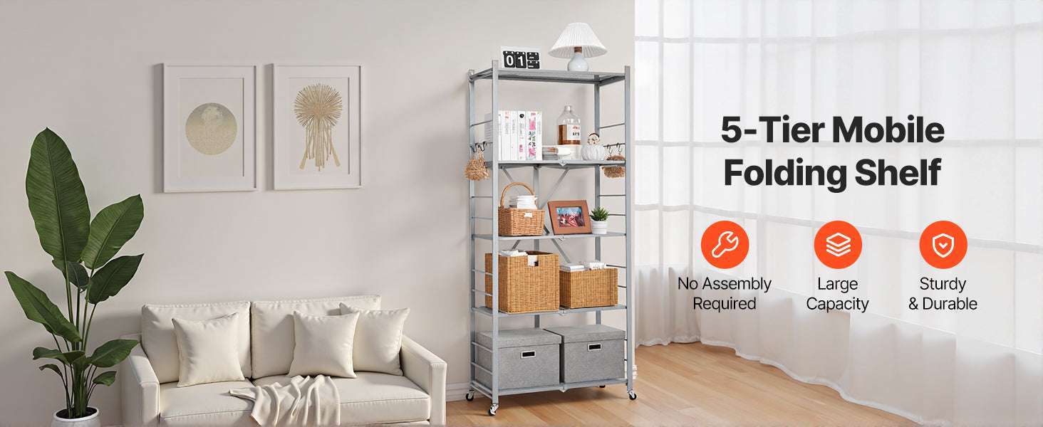 5-Tier Foldable Storage Shelf with Wheels Heavy Duty Rack 32x14x72-Grey / United States