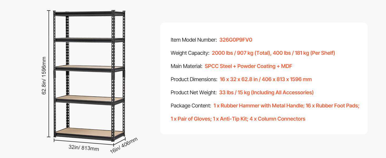 5-Tier Metal Garage Shelving Unit 2000 lbs Capacity Adjustable Rack-16 x 36 x 72 in / spain