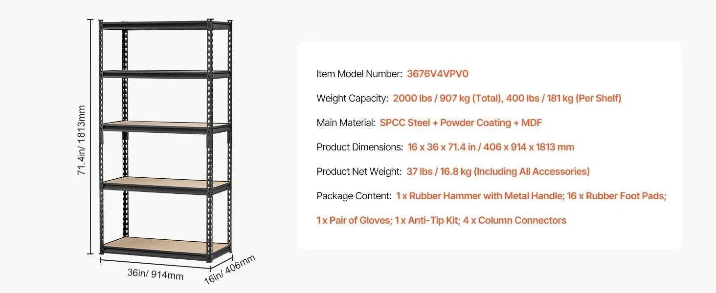 5-Tier Metal Garage Shelving Unit 2000 lbs Capacity Adjustable Rack-16 x 36 x 72 in / spain