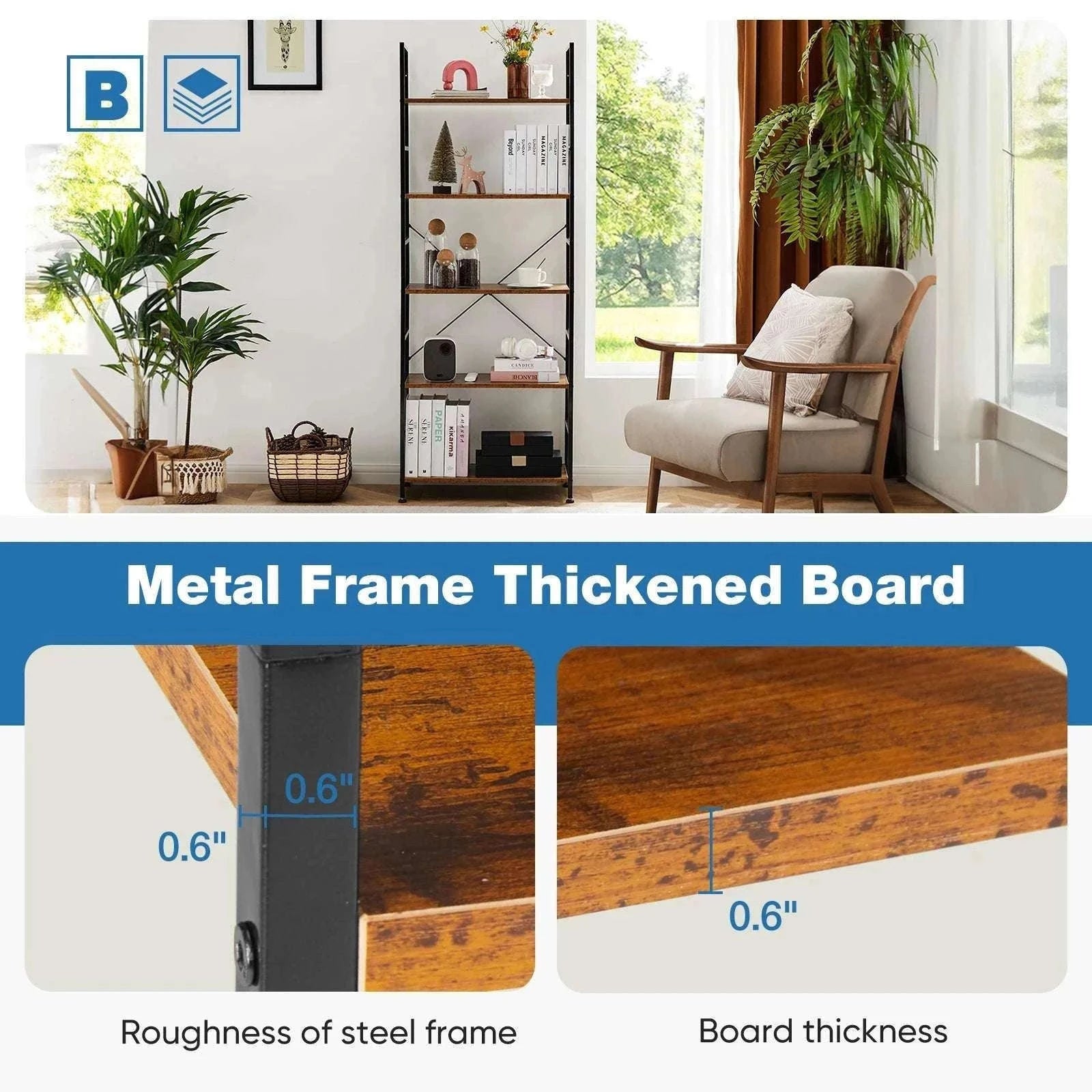 5 Tier Narrow Bookcase Storage Shelf for Home Office Living Room-Chocolate / GERMANY