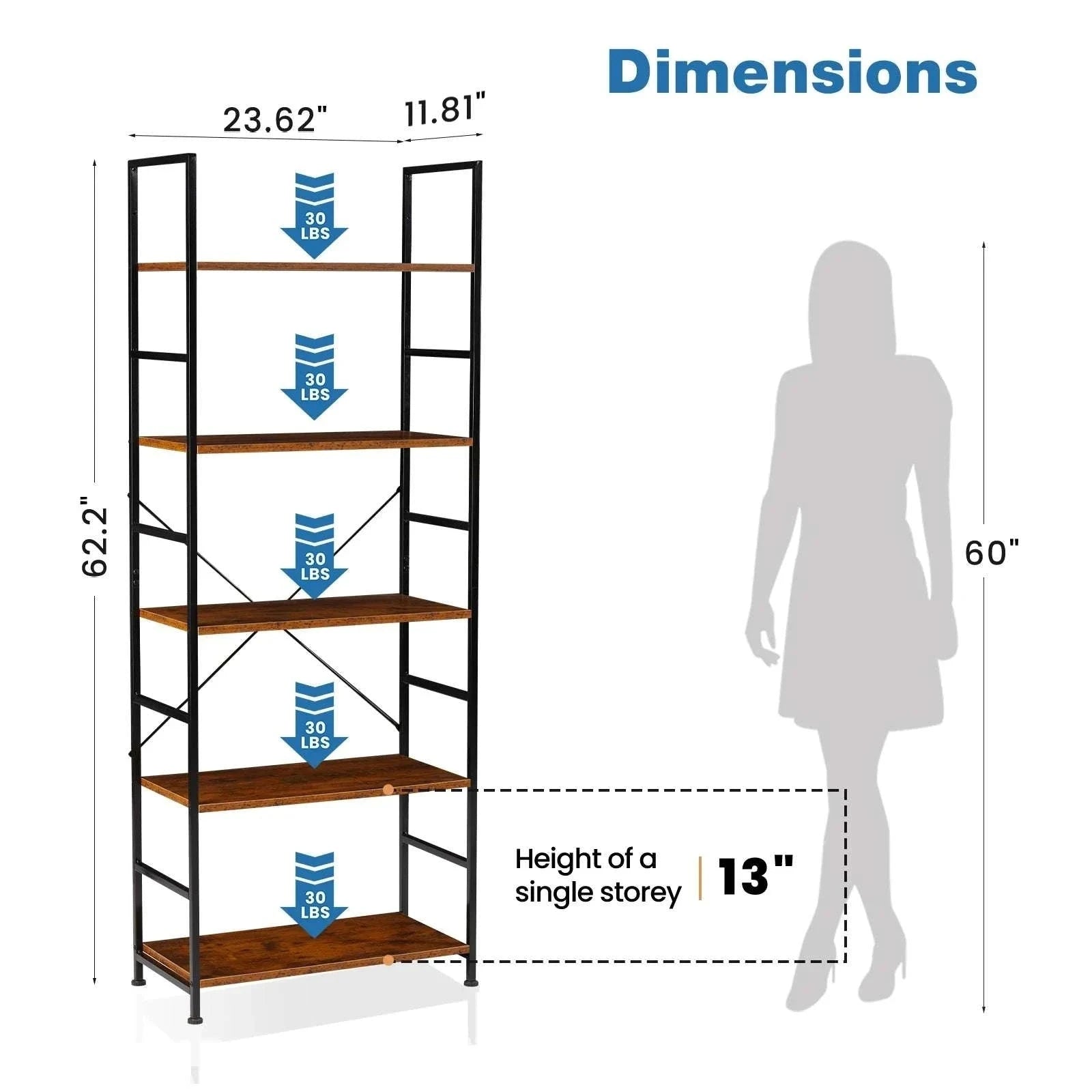5 Tier Narrow Bookcase Storage Shelf for Home Office Living Room-Chocolate / GERMANY