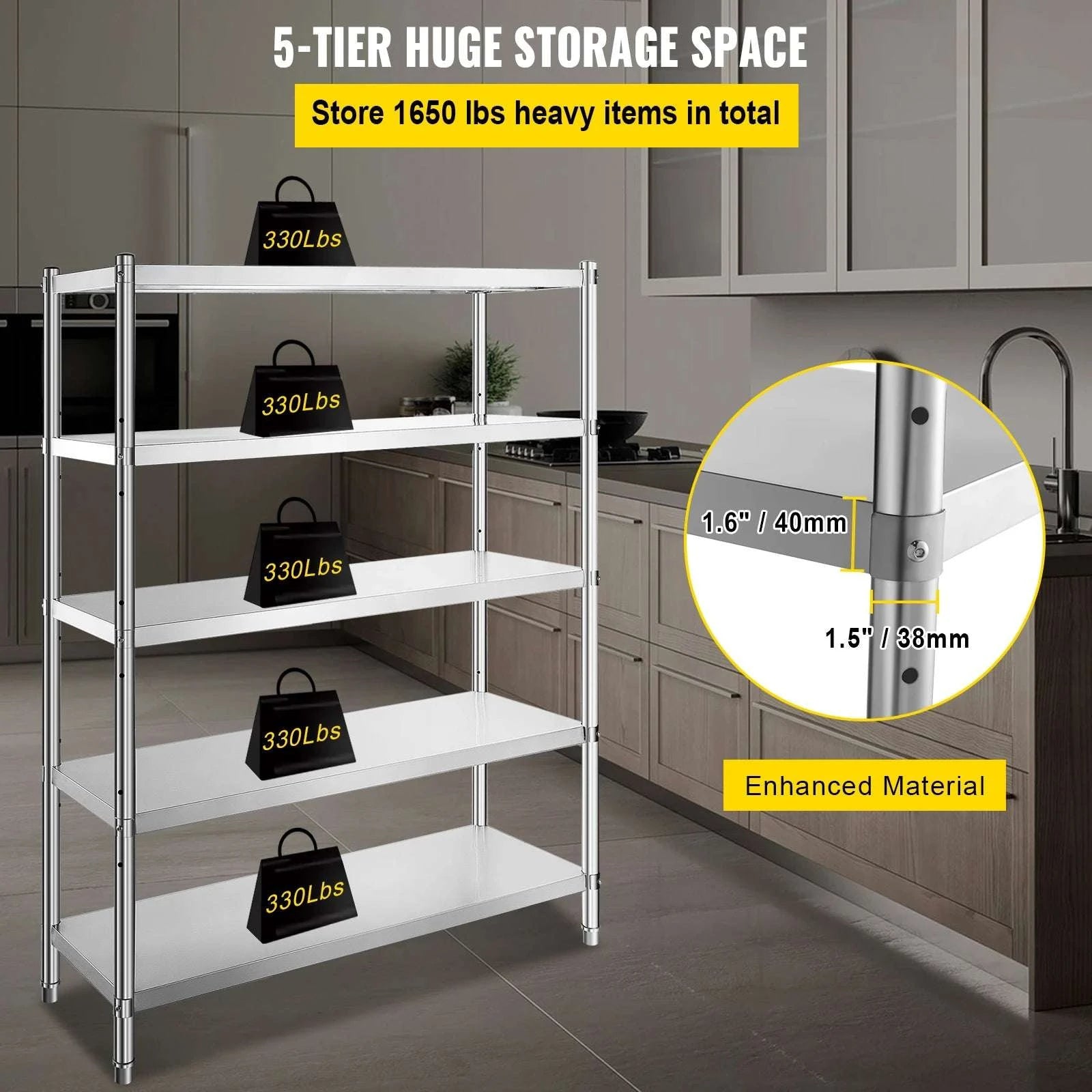 5-Tier Stainless Steel Storage Shelf Heavy Duty Adjustable Rack-5 Tier / United States