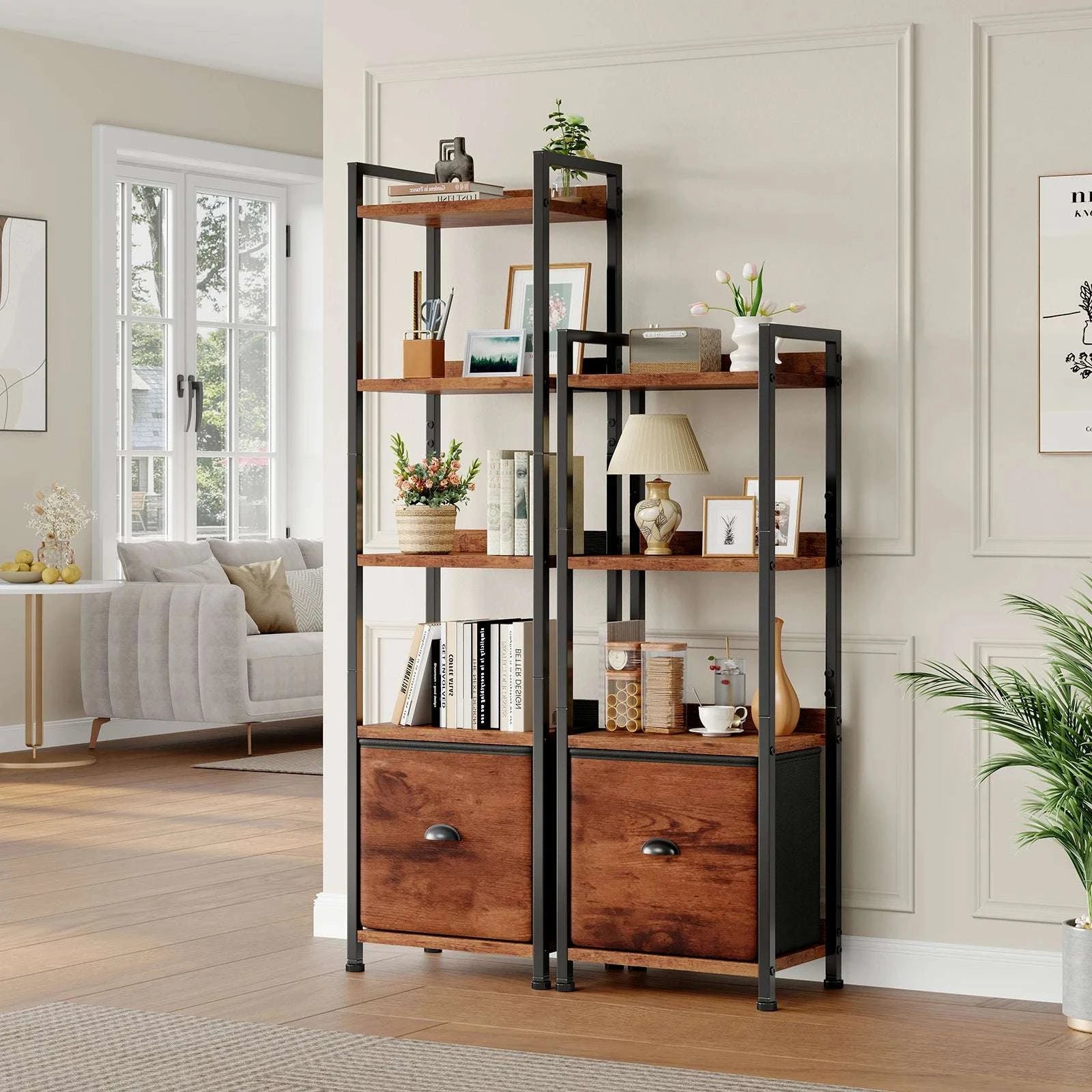 5 Tier Wood Bookshelf with Fabric Drawer Storage Organizer Shelf-Brown / United States