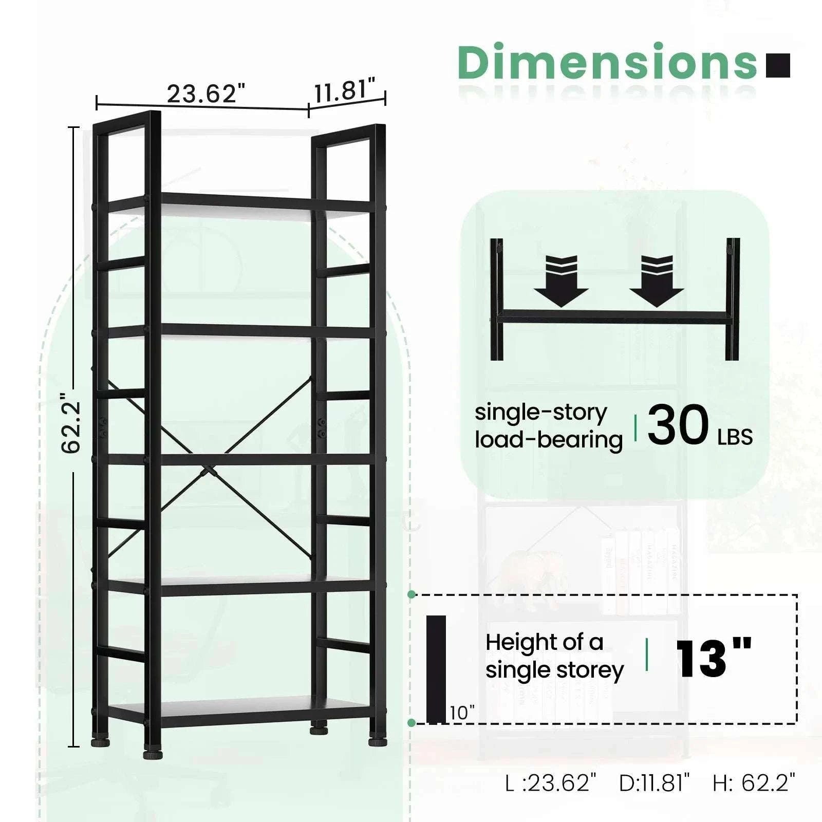 5 Tier Wooden Bookshelf with Metal Frame Tall Storage Display-Rust / United States