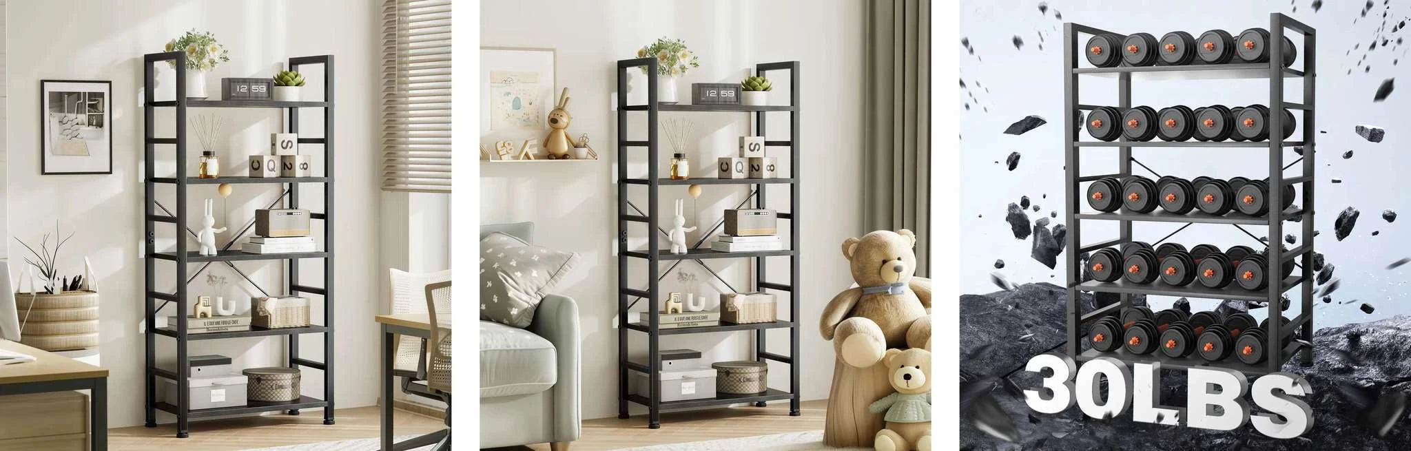 5 Tier Wooden Bookshelf with Metal Frame Tall Storage Display-Rust / United States