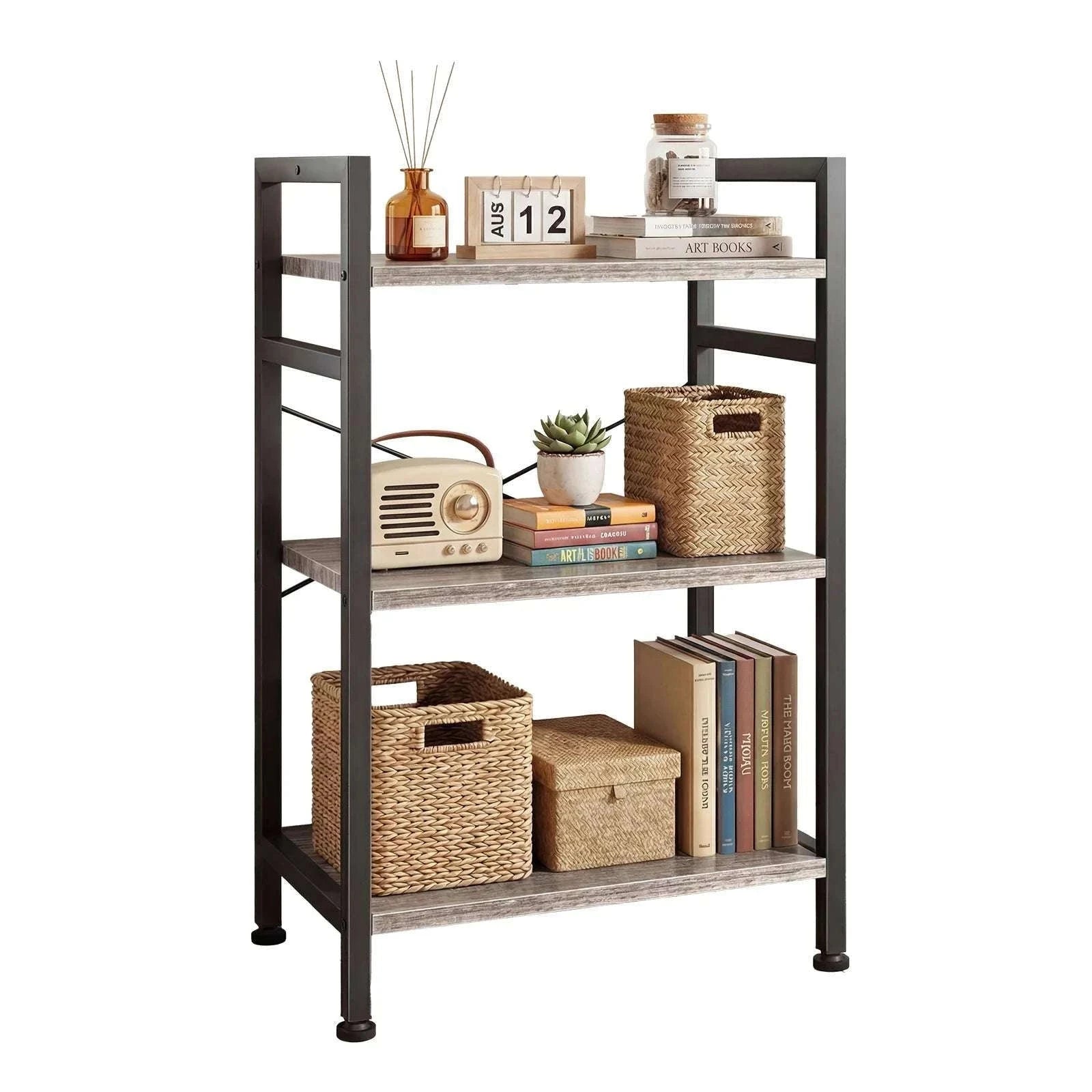 5 Tier Wooden Bookshelf with Metal Frame Tall Storage Display Shelf-black / United States