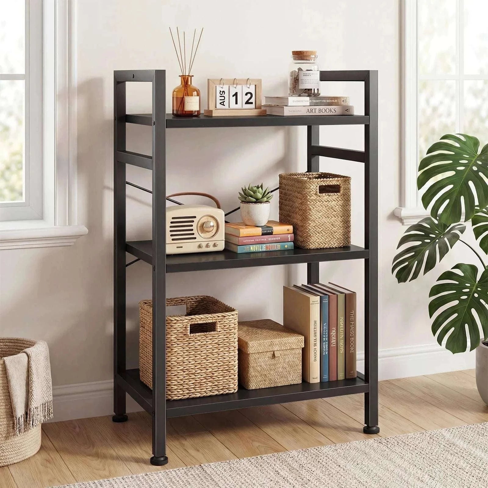 5 Tier Wooden Bookshelf with Metal Frame Tall Storage Display Shelf-black / United States