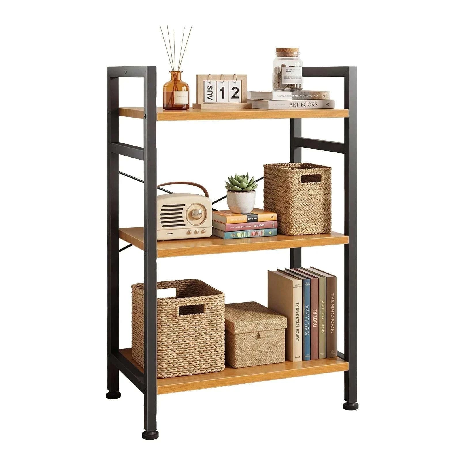 5 Tier Wooden Bookshelf with Metal Frame Tall Storage Display Shelf-black / United States