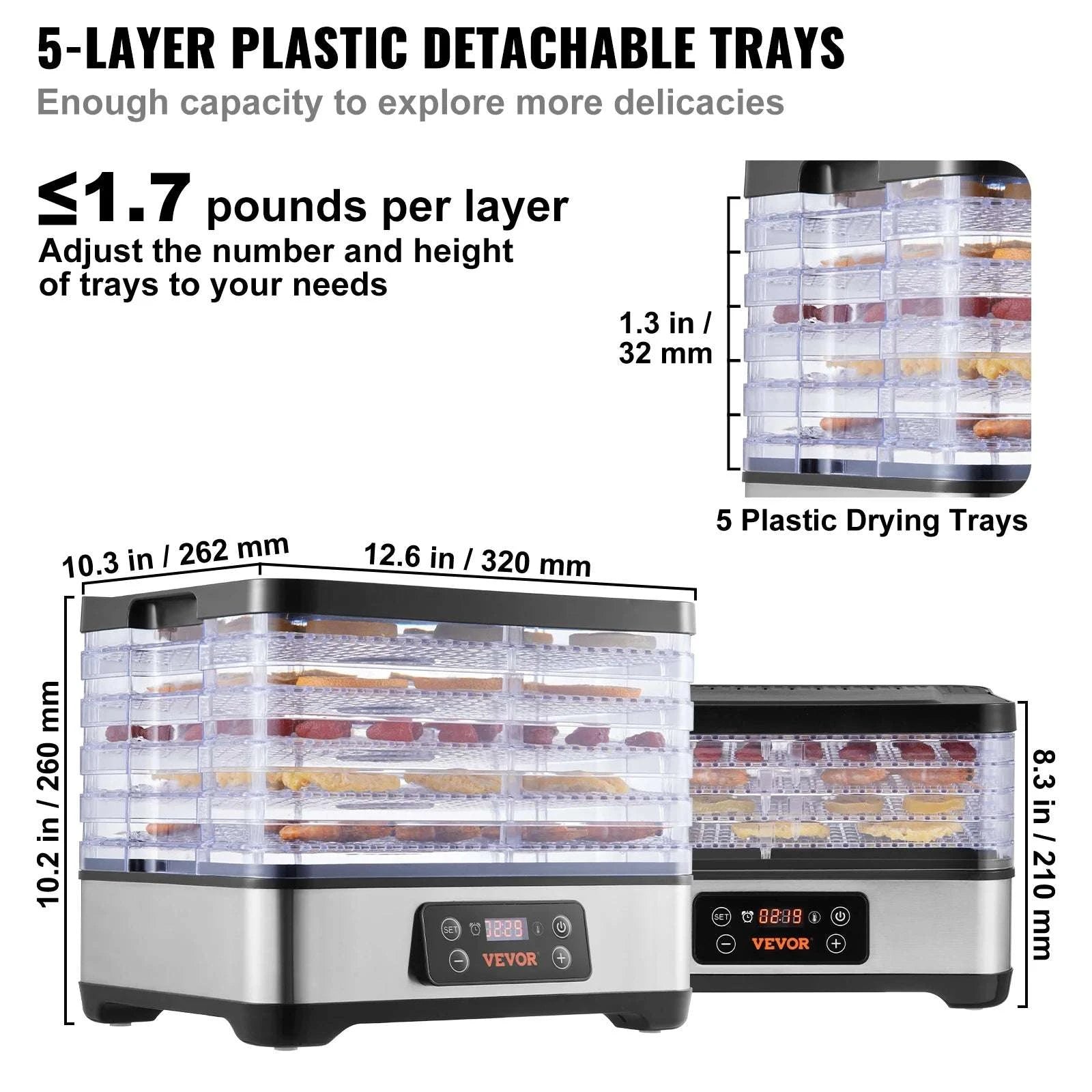 5-Tray Food Dehydrator with Timer & Temperature Control 300W-United States
