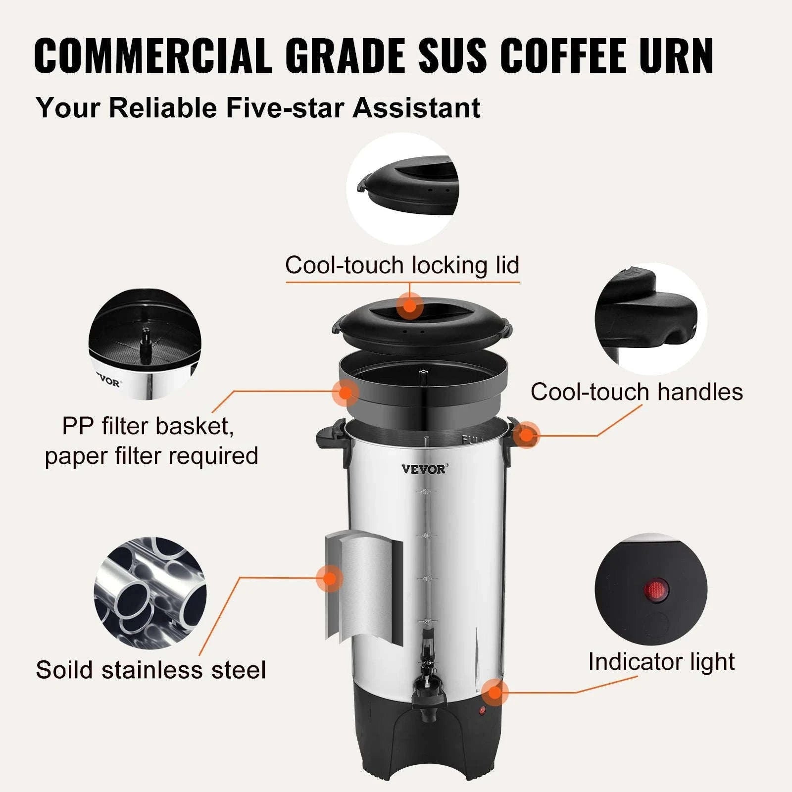 50-Cup Commercial Coffee Urn Stainless Steel Electric Coffee Maker-United States