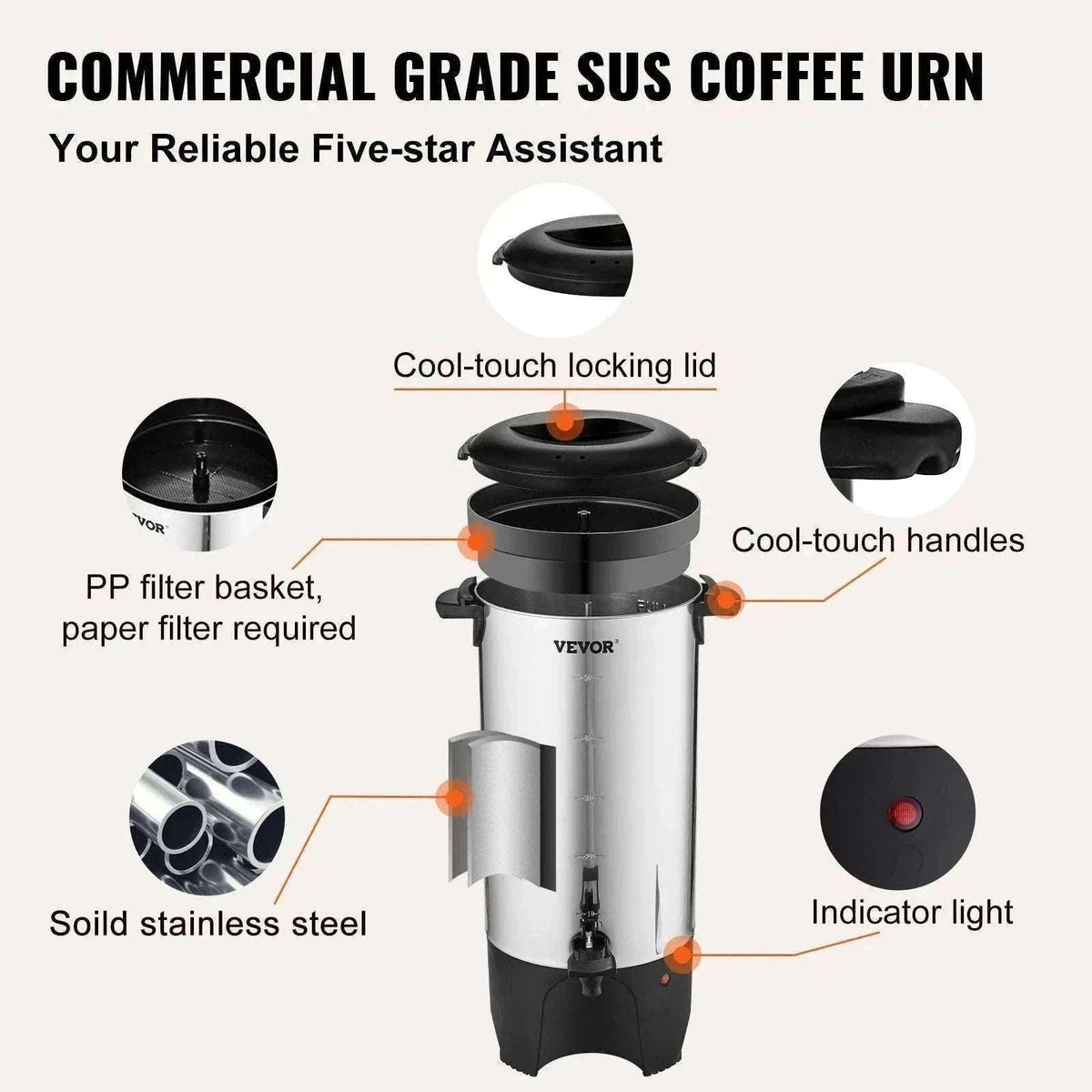 50-Cup Commercial Coffee Urn Stainless Steel Electric Coffee Maker-United States
