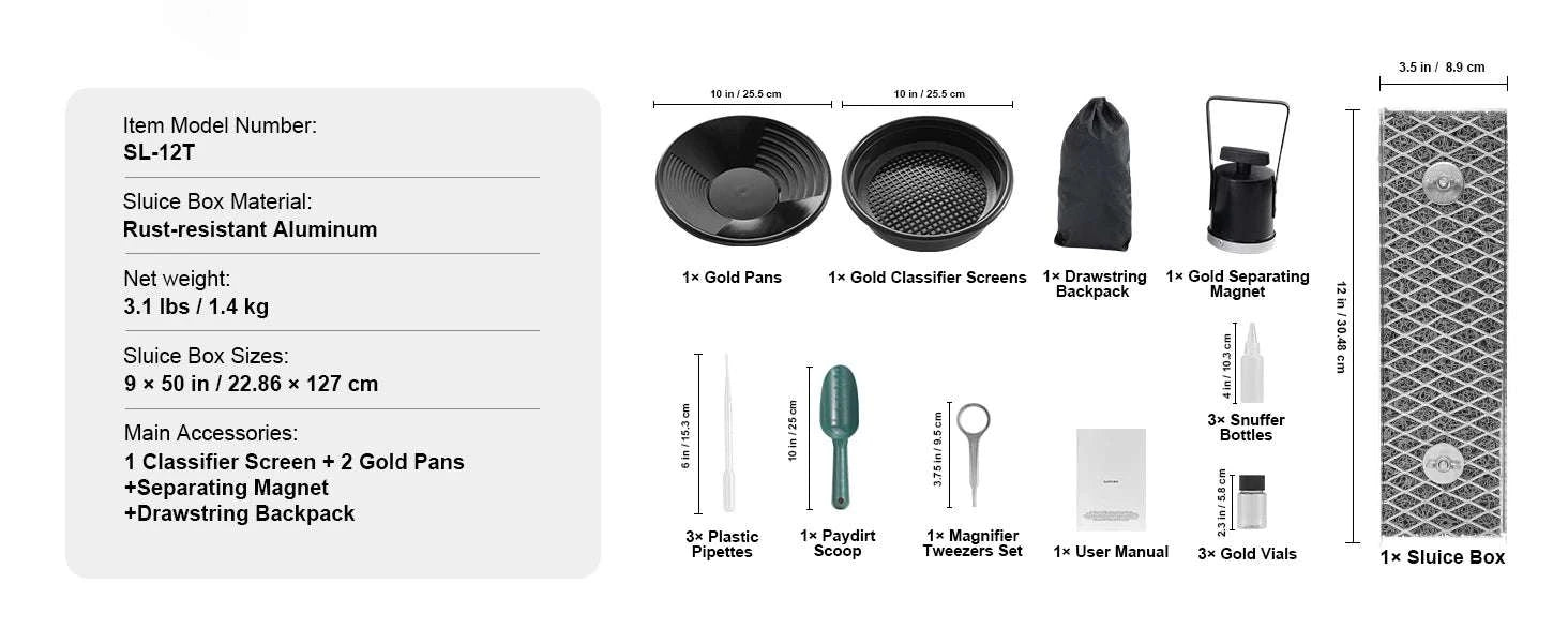 50" Gold Panning Kit with Sluice Box & 23 Tools for Prospecting-12in 16PCs / spain