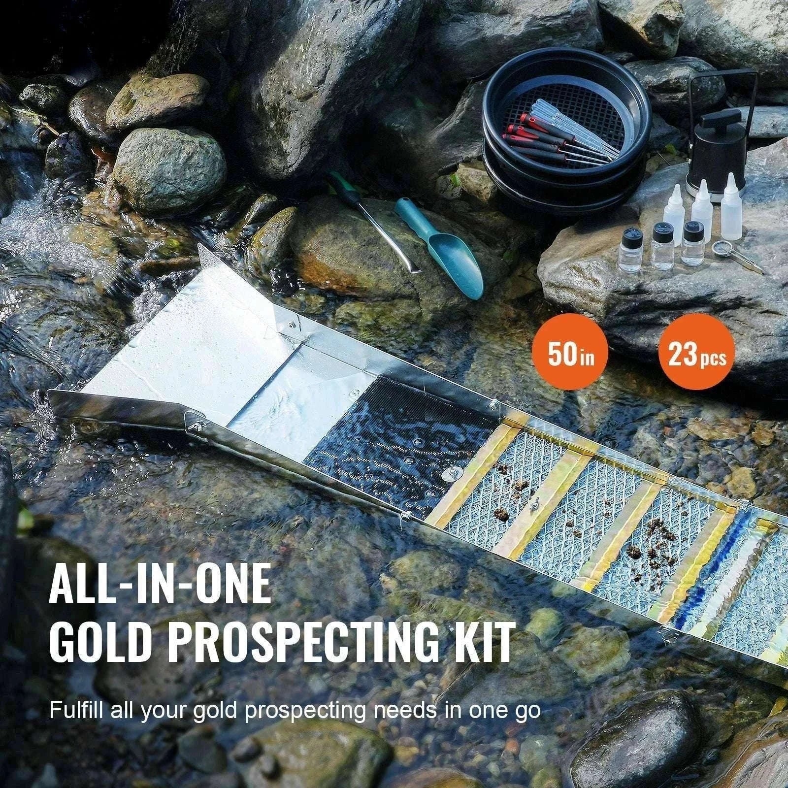 50" Gold Panning Kit with Sluice Box & 23 Tools for Prospecting-12in 16PCs / spain