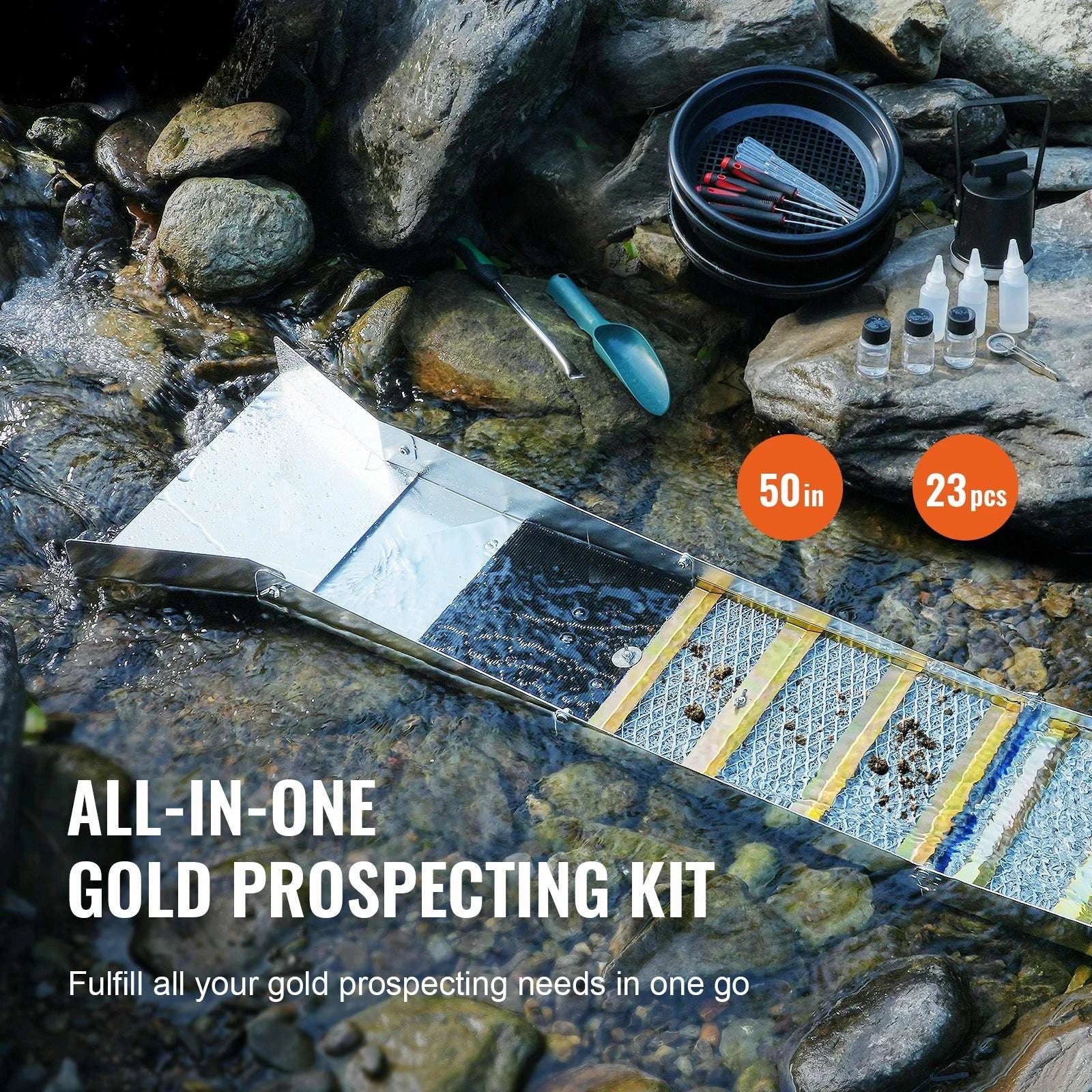 50" Gold Panning Kit with Sluice Box & 23 Tools for Prospecting-12in 16PCs / spain
