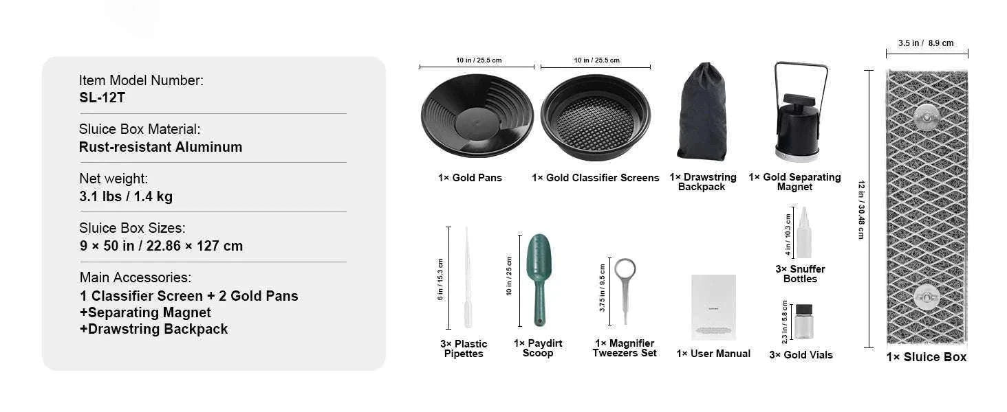 50" Gold Panning Kit with Sluice Box & 23 Tools for Prospecting-12in 16PCs / spain