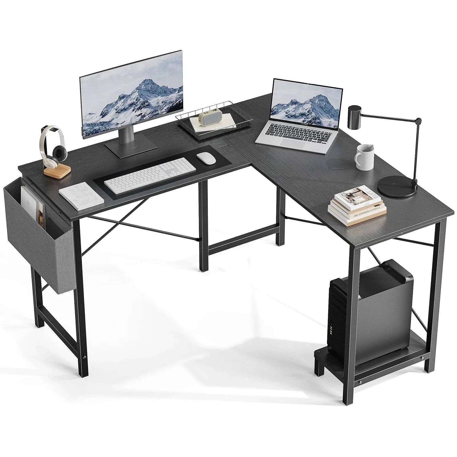 50 Inch L-Shaped Corner Desk with CPU Shelf & Storage Bag-Black / United States