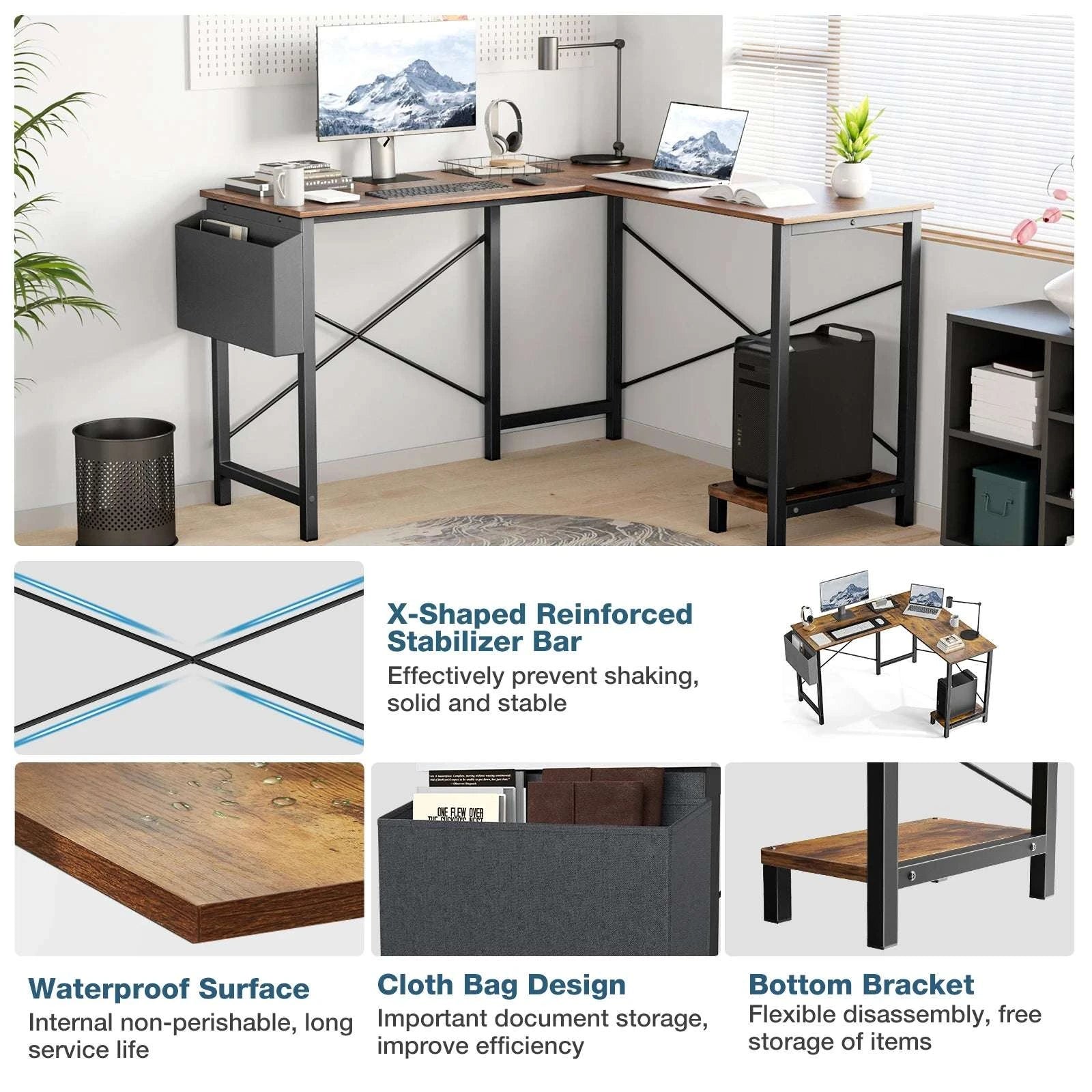 50 Inch L-Shaped Corner Desk with CPU Shelf & Storage Bag-Black / United States