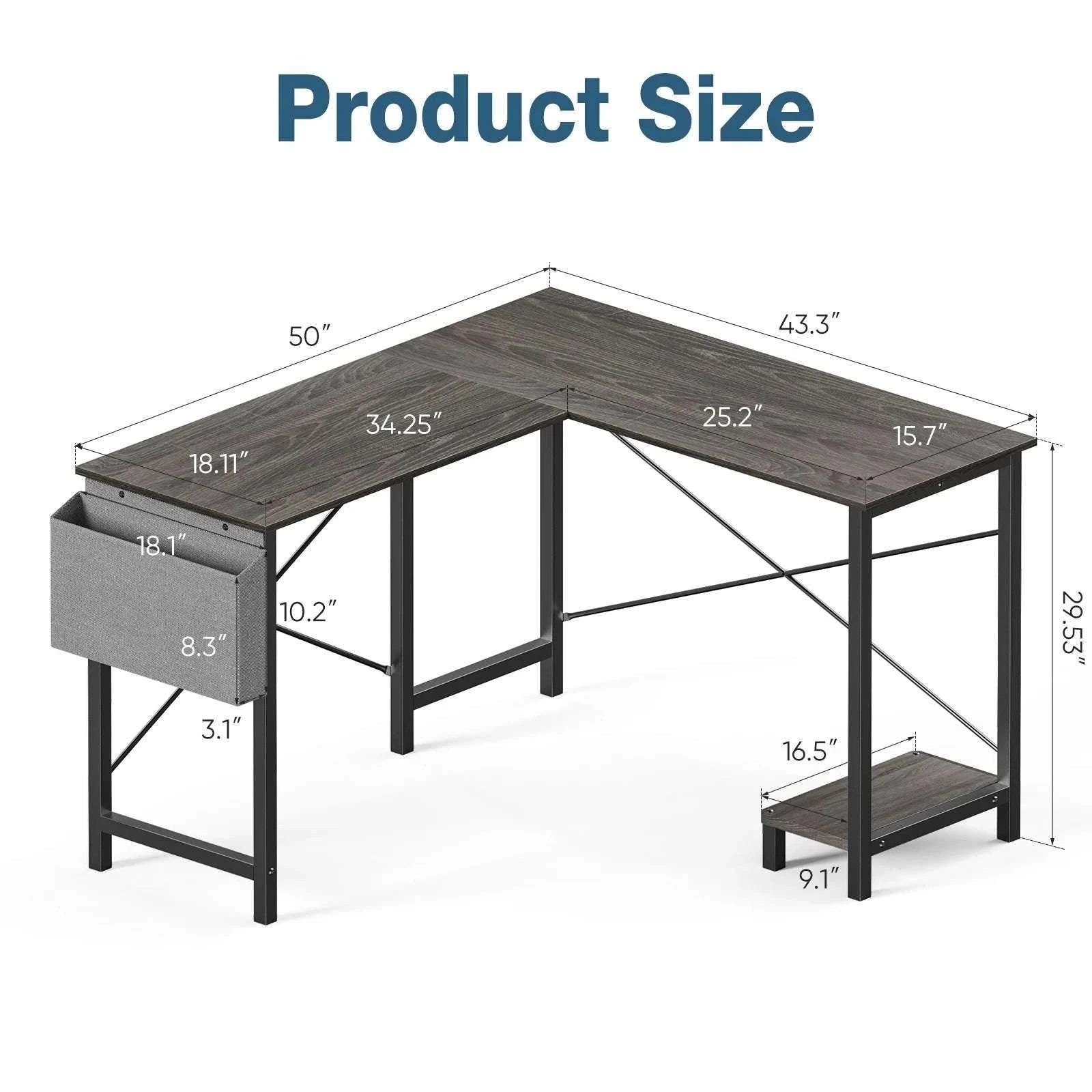 50 Inch L-Shaped Corner Desk with CPU Shelf & Storage Bag-Black / United States